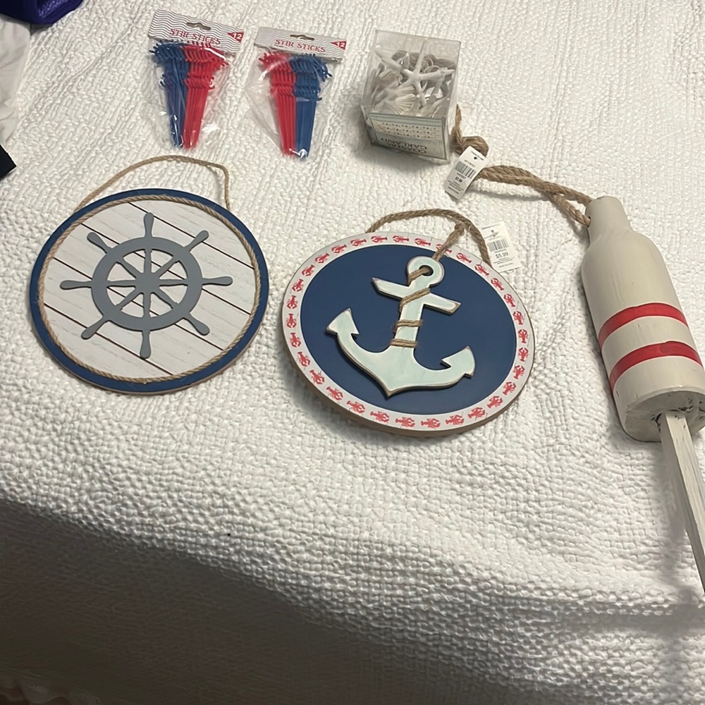 NWS LOT of nautical decor-2 nautical pictures, buoy, Shell Garland, stir sticks
